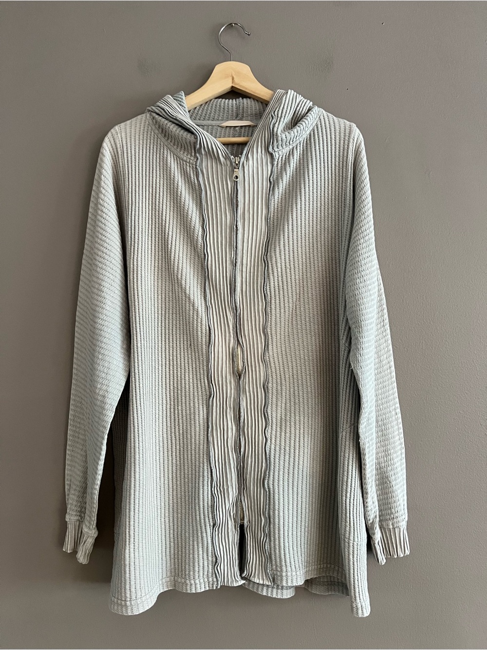Soft Surroundings Waffle Knit Full Zip Hoodie Gray L Sweatshirt Lagenlook Flaws